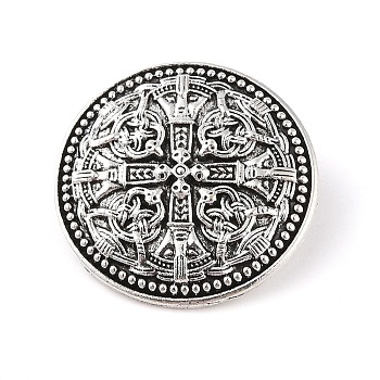 Tibetan Style Alloy Brooches, Flat Round with Knot, Antique Silver, 34.5x34.5x4mm