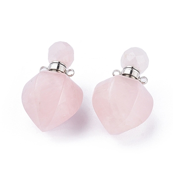 Faceted Natural Rose Quartz Openable Perfume Bottle Pendants, with 304 Stainless Steel Findings, Peach Shape, Stainless Steel Color, 35~36x18~18.5x21~21.5mm, Hole: 1.8mm, Bottle Capacity: 1ml(0.034 fl. oz)