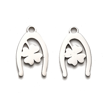 316 Surgical Stainless Steel Charms, Laser Cut, Horseshoe with Clover Charm, Stainless Steel Color, 15x9x1mm, Hole: 1.6mm