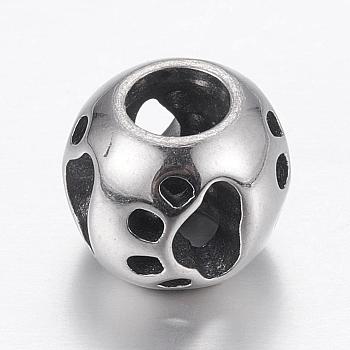 304 Stainless Steel European Beads, Large Hole Beads, Rondelle with Dog Footprint, Antique Silver, 12x10mm, Hole: 5mm
