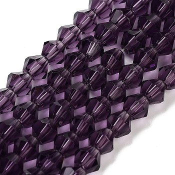 Purple Color Faceted Bicone Glass Beads Strands, 6x6mm, Hole: 1.2mm, about 47~48pcs/strand, 10.24 inch~10.43 inch(26~26.5cm)