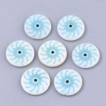 Natural Freshwater Shell Beads, Double-side Printed, Flat Round with Evil Eye, Light Sky Blue, 18x3mm, Hole: 1mm