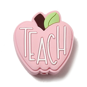 Teachers' Day Apple with Word Teach Silicone Focal Beads, Chewing Beads For Teethers, DIY Nursing Necklaces Making, Pink, 30x28x9mm, Hole: 2.5mm