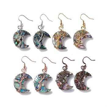 Natural Paua Shell Crescent Moon Dangle Earrings, Brass Wire Wrap Jewelry for Women, Cadmium Free & Lead Free, Mixed Color, 48~50mm, Pin: 0.5mm