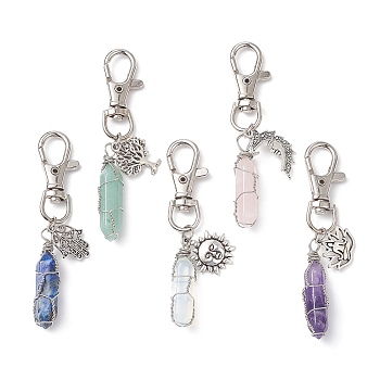 Wire Wrapped Mixed Gemstones Bullet Pendant Decorations, with Tibetan Style Alloy Charms and Swivel Lobster Claw Clasps, Mixed Shape, 76~83mm