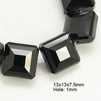 Electroplate Glass Beads, Pearl Luster Plated, Faceted, Square, Black, 13x13x7.5mm, Hole: 1mm