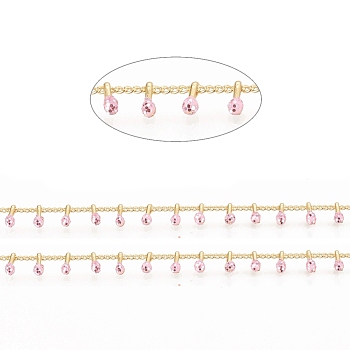 Brass Handmade Beaded Chain, Curb Chains, with Enamel, Long-Lasting Plated, Real 18K Gold Plated Unwelded, with Spool, Pink, 2x1.5x0.8mm, Charm: 6x2x2mm, about 32.8 Feet(10m)/roll