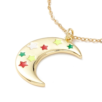 Enamel Crescent Moon with Star Pendant Necklace, 304 Stainless Steel Jewelry for Women, Golden, Colorful, 17.72 inch(45cm)
