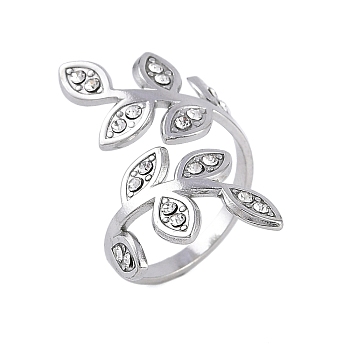 304 Stainless Steel Open Cuff Ring for Women, with Rhinestone, Leaf, Stainless Steel Color, Inner Diameter: 17.5mm