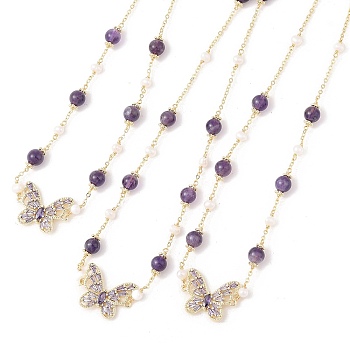 Natural Amethyst & Pearl Beaded Necklaces, Brass Butterfly Pendant Necklaces, Real 14K Gold Plated, 14.96 inch(38cm)