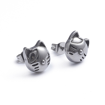 Retro 304 Stainless Steel Stud Earrings, with Ear Nuts, Cat Shape, Antique Silver, 10x9.3mm, Pin: 0.7mm