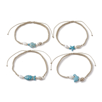4Pcs 4 Style Synthetic Turquoise Braided Bead Anklets Set, Fish & Starfish & Turtle, Old Lace, Inner Diameter: 2-1/2~4-1/2 inch(6.4~11.5cm), 1Pc/style
