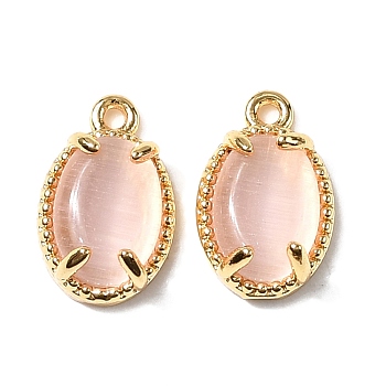 Oval Brass Charms, with Cat Eye, Nickel Free, Real 18K Gold Plated, Pink, 10x6.5x4mm, Hole: 0.9mm