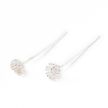 Brass Micro Pave Clear Cubic Zirconia Flower Head Pins, Vintage Decorative for Hair DIY Accessory, Silver, 44mm, Pin: 22 Gauge(0.6mm)