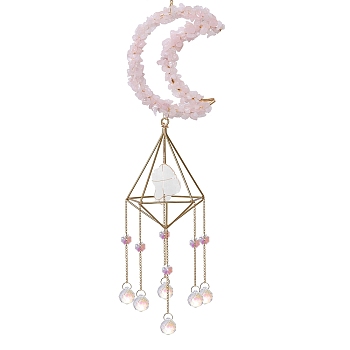 Natural Rose Quartz & Crystal Quartz Hanging Ornaments, Glass Tassel Suncatchers, Moon, 480mm