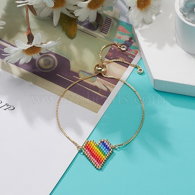 Rainbow Color Japanese Seed Braided Heart Link Slider Bracelet(BJEW-MZ00002)-2