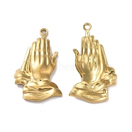 Ion Plating(IP) 304 Stainless Steel Pendants, Praying Hands Charm, Golden, 36.5x20x4mm, Hole: 2.2mm(STAS-P324-10G)