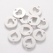 201 Stainless Steel Charms, Flat Round with Heart, Stainless Steel Color, 12x1mm, Hole: 1.5mm(STAS-Q201-T088)