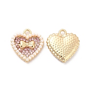 Alloy Rhinestone Pendants, with ABS Plastic Imitation Pearl Bead, Golden Tone Heart with Bowknot Charms, Light Rose, 17x16x3mm, Hole: 1.8mm(ALRI-E006-02LG-02)
