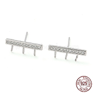 Rhodium Plated Rectangle 925 Sterling Silver Micro Pave Clear Cubic Zirconia Stud Earring Findings, for Half Drilled Beads, with S925 Stamp, Real Platinum Plated, 4.5x14mm, Pin: 11x0.7mm and 0.7mm(STER-Q192-12P)