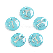 Synthetic Turquoise Charms, with Plastic Letter, Flat Round, Letter.T, 15x2mm, Hole: 1.5mm(G-L561-001T)