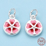 925 Sterling Silver Enamel Charms, with Jump Ring, Falt Round with Flower, Pink, 10x8x3mm, Hole: 3mm(X-STER-T004-04S)