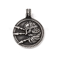 304 Stainless Steel Pendant, Flat Round with Viking, Antique Silver, 33x25.5x3mm, Hole: 4.8mm(STAS-E158-39AS)