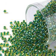 TOHO Round Seed Beads, Japanese Seed Beads, (1829) Inside Color AB Jonquil/Forest Green Lined, 11/0, 2.2mm, Hole: 0.8mm, about 1110pcs/bottle, 10g/bottle(SEED-JPTR11-1829)