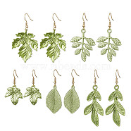 Painting Alloy Dangle Earrings, with 304 Stainless Steel Earring Hooks, Leaf, Yellow Green, 38.5~62.5x19~30mm(EJEW-JE05739)
