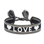 Silicone Word Love Pattern Braided Cord Bracelet with Polyester Tassels, Flat Adjustable Bracelet for Women, Black, Inner Diameter: 5-7/8~9-1/2 inch(15~24cm)(VALE-PW0001-032B)