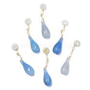 Brass Flower Bud Blue Agate Pendants, Jadeite Donut Charms with Trochid Shell Beads, Real 14K Gold Plated, 46.5mm(G-K341-03G)