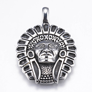 304 Stainless Steel Pendants, Native American Charm, Antique Silver, 44x30x7mm, Hole: 4x5mm(STAS-E424-043AS)