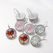 Brass Tree of Life Printed Glass Leverback Earrings, Mixed Color, 33x22x6mm, Pin: 0.9mm(EJEW-JE01660-04)