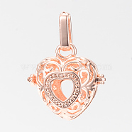 Rack Plating Brass Cage Pendants, For Chime Ball Pendant Necklaces Making, Hollow, Heart, Rose Gold, 20.5x21x15mm, Hole: 3.5x8.5mm, inner measure: 13.5x14.5mm(KK-S309-04RG)