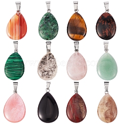 12Pcs 12 Style Natural & Synthetic Gemstone Pendants, with Platinum Tone Brass Findings, Teardrop, 25~29x16~17x5~6mm, Hole: 2x7mm, 1pc/style(G-SZ0001-60)