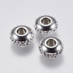304 Stainless Steel European Beads, with Polymer Clay Rhinestone, Large Hole Beads, Rondelle, Stainless Steel Color, 14x7mm, Hole: 5mm(STAS-F139-057P)