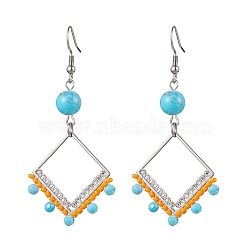201 Stainless Steel Linking Ring Dangle Earring, Natural & Synthetic Gemstone and Glass Beads, Rhombus, Stainless Steel Color, 65x29mm(EJEW-MZ00131)