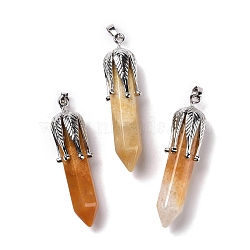 Natural Yellow Jade Big Pointed Pendants, with Platinum Tone Brass Findings, Cadmium Free & Lead Free, Bullet with Leaf, 53.5~57x14~15x14~15mm, Hole: 7x4mm(G-E059-03AS-03)