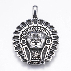304 Stainless Steel Pendants, Native American Charm, Antique Silver, 44x30x7mm, Hole: 4x5mm(STAS-E424-043AS)