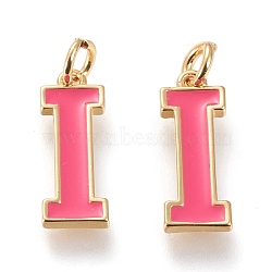 Brass Enamel Pendants, with Jump Ring, Long-Lasting Plated, Real 18K Gold Plated, Letter.I, Hot Pink, Letter.I, I: 18x6.5x1.8mm, Jump Rings: Inner Diameter: 3mm(KK-R139-01I)