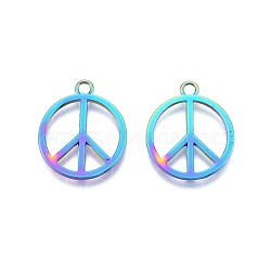 Rack Plating Alloy Pendants, Ring with Peace Sign, Rainbow Color, 25x21x1.5mm, Hole: 2.3mm(FIND-B010-09MC)
