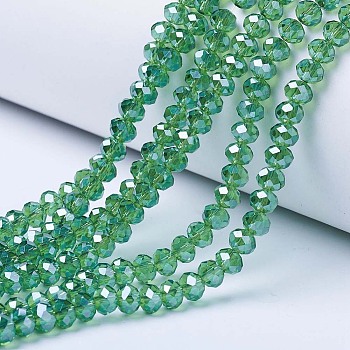 Electroplate Glass Beads Strands, Pearl Luster Plated, Faceted, Rondelle, Lime Green, 8x6mm, Hole: 1mm, about 63~65pcs/strand, 39~40cm