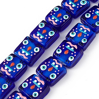 Handmade Lampwork Beads Strands, with Enamel, Square with Snowman Pattern, Blue, 14x14.5~15.5x6mm, Hole: 1.6mm, about 25pcs/strand, 14.25 inch(36.2cm)