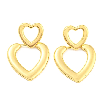 Rack Plating Brass Hollow Heart Dangle Stud Earrings, Long-Lasting Plated, Lead Free & Cadmium Free, Real 18K Gold Plated, 39x27mm