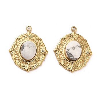 304 Stainless Steel Pendants, Natural Howlite Oval Charms, Real 14K Gold Plated, 24x20x6mm, Hole: 1.6mm