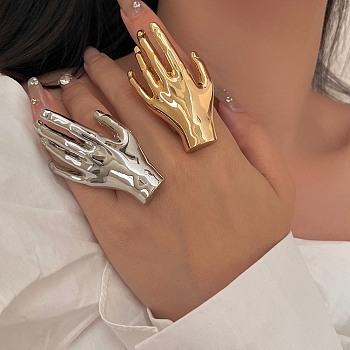 Palm Hand Alloy Open Cuff Rings for Women, Golden, Adjustable, Hand: 59x34mm