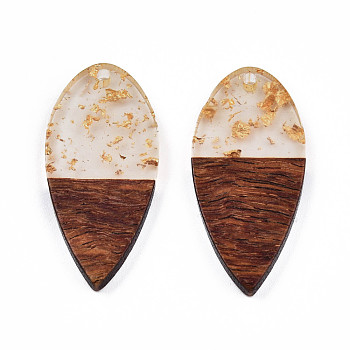 Transparent Resin & Walnut Wood Pendants, with Foil, Teardrop Shape Charm, Gold, 38x18x3mm, Hole: 2mm