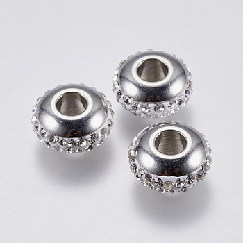 304 Stainless Steel European Beads, with Polymer Clay Rhinestone, Large Hole Beads, Rondelle, Stainless Steel Color, 14x7mm, Hole: 5mm