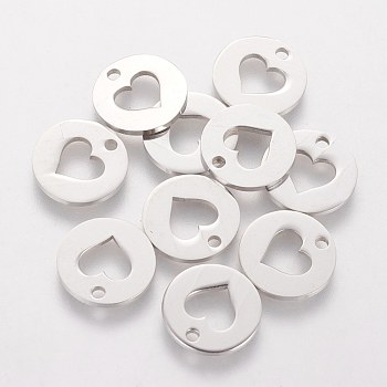 201 Stainless Steel Charms, Flat Round with Heart, Stainless Steel Color, 12x1mm, Hole: 1.5mm