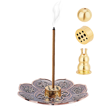 AHADEMAKER Home Decoration Supplies, including Alloy Incense Burners & Plates, Gourd & Round & Lotus, Red Copper & Golden, 14~89x7.5~15mm, 4pcs/set